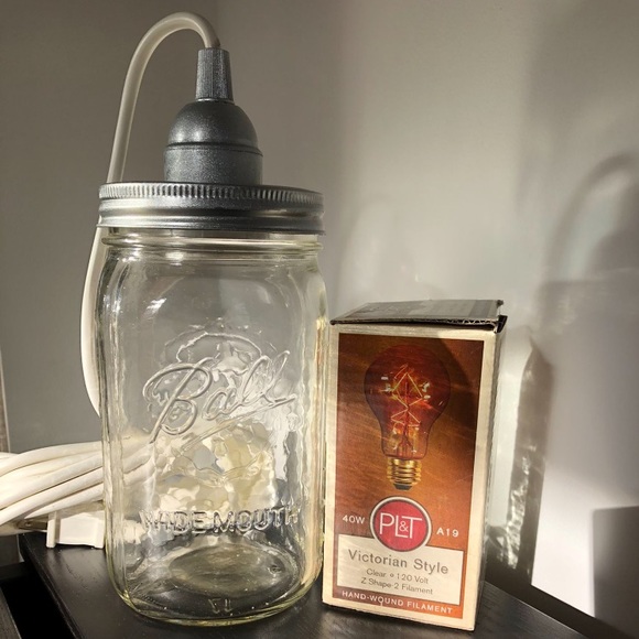 Homemade mason jar pendant light with fabric cord and Edison bulb included. - Picture 2 of 4